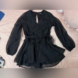 Fashion Nova Black Plunge Neck Bishop Sleeve Romper